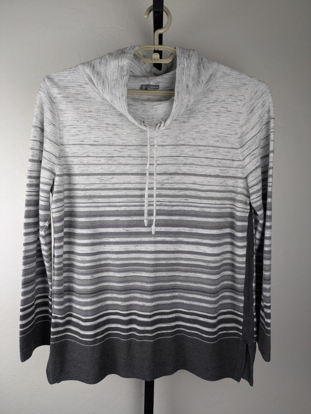 T by Talbots Drawstring Cowlneck Gray Ombré Stripe Top
